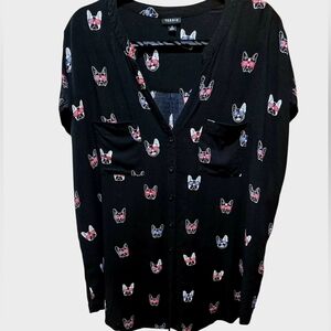 TORRID CHALLIS BUTTON-FRONT DOLMAN SLEEVE BLACK French Bulldog Print Top SZ 3/3X